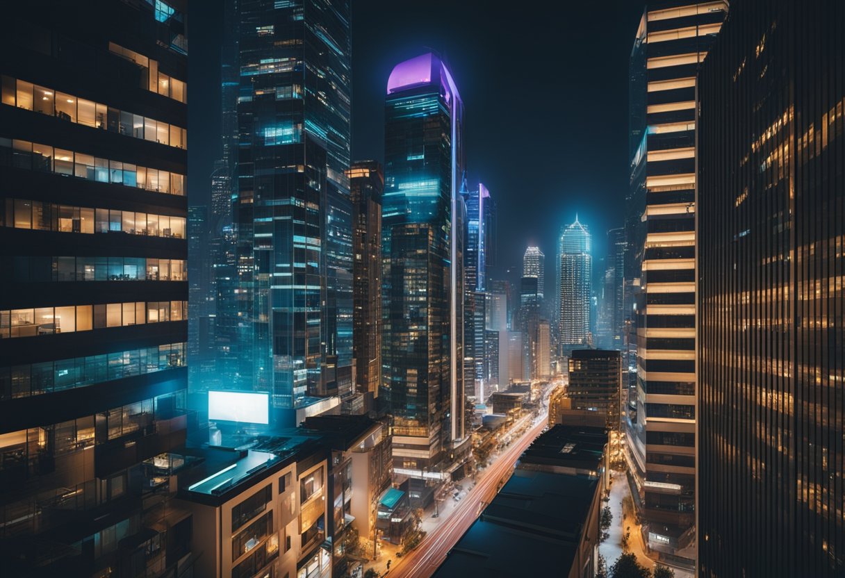 A glowing cityscape at night, with sleek, modern buildings and vibrant neon lights illuminating the streets below