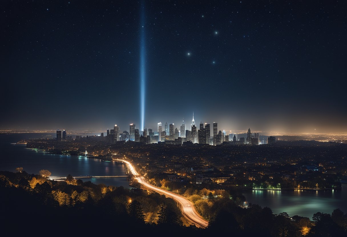 A dark city skyline with glowing windows and streetlights, surrounded by a serene natural landscape under a starry night sky