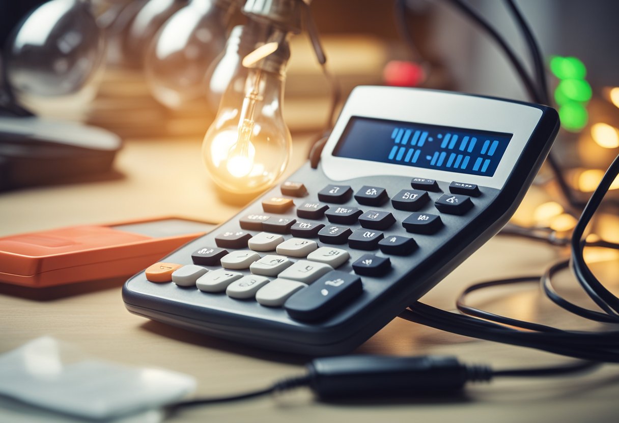 A calculator with "kwh beregner" displayed on the screen, surrounded by electrical wires and energy-efficient light bulbs